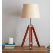 Antique Design Teak Wooden Extendable Tripod Table Lamp with Cream Conical Shade Wire and Bulb Included for Living/Bedroom/Office Room Corner, Home Decoration